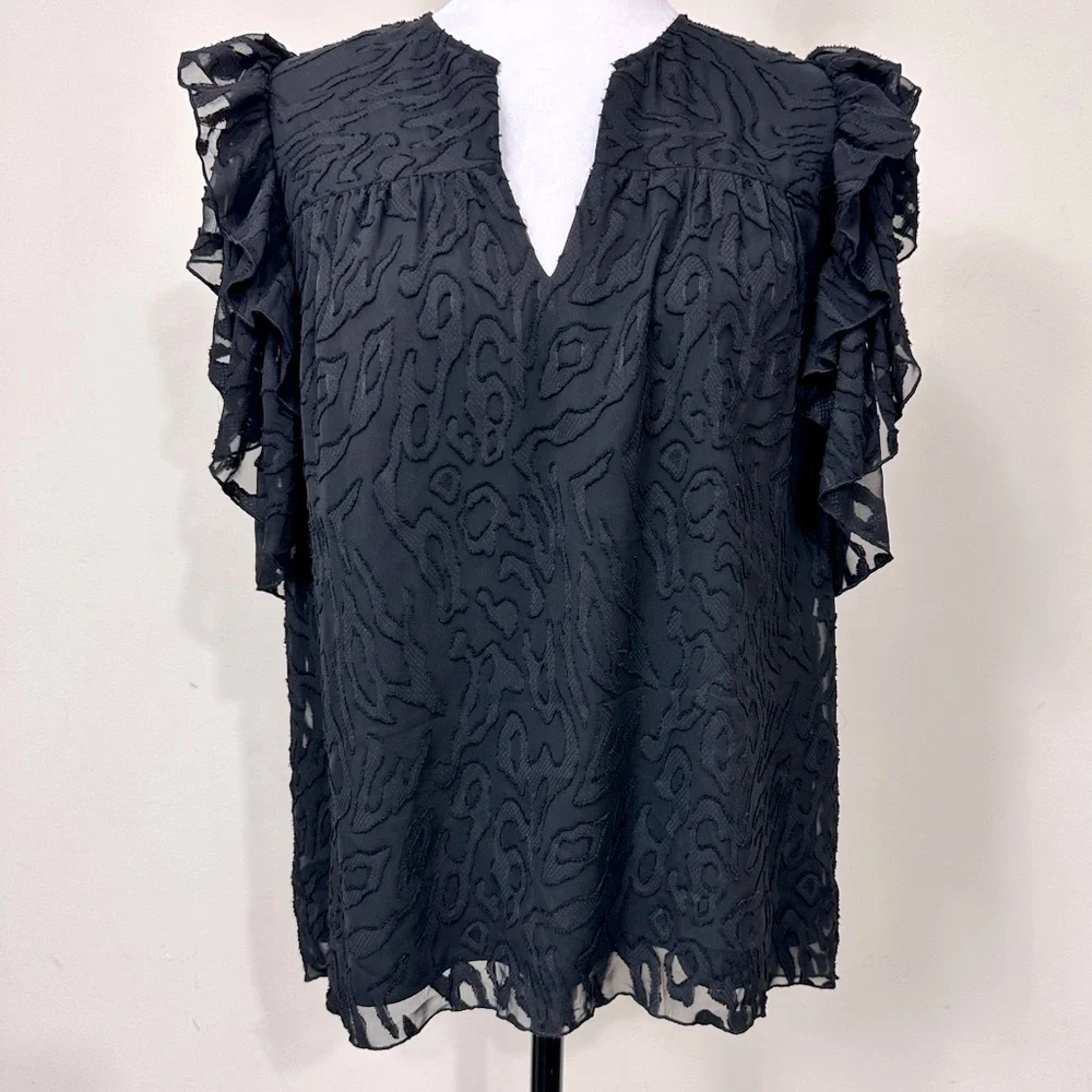 NWOT Anna Cate Black w Lace Overlay Ruffle Sleeves V-Neck Collar Pullover Top M - Picture 11 of 14